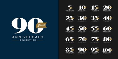 Moda yıldönümü logosu seti. Şirket profili, broşür, dergi, broşür posteri, internet, davetiye ya da tebrik kartı için modern geometrik yıldönümü ikonları tasarımı. Vektör illüstrasyonu.
