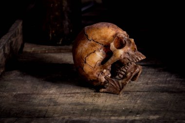 Eski ahşap arka planda insan kafatası.