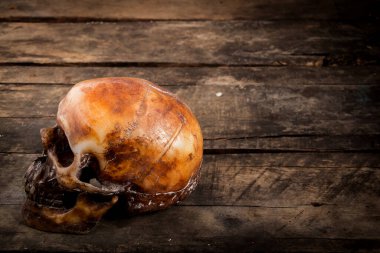 Eski ahşap arka planda insan kafatası.