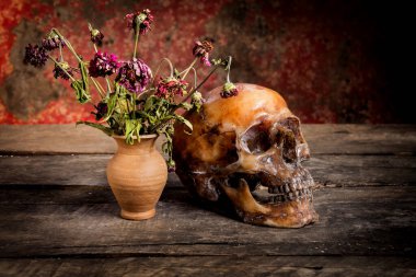 Bir kafatası ve vazo, toprak ile natürmort