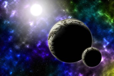 Yıldız, uzak galaksilerdeki gezegenler. 3B illüstrasyon