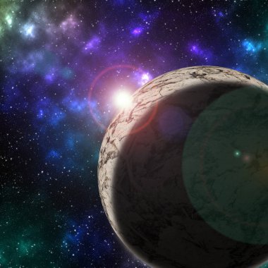 Uzayda bir gezegen. Dünya 'nın bir yıldız alanındaki hayali görüntüsü.