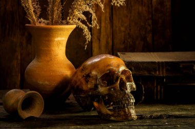 Eski ahşap arka planda insan kafatası, natürmort