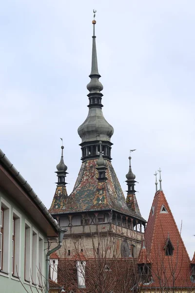 Different Angles Showing Upper Part Clock Tower Sighisoara — 스톡 사진
