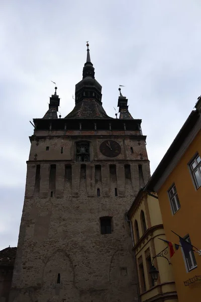 Different Angles Showing Upper Part Clock Tower Sighisoara — Photo