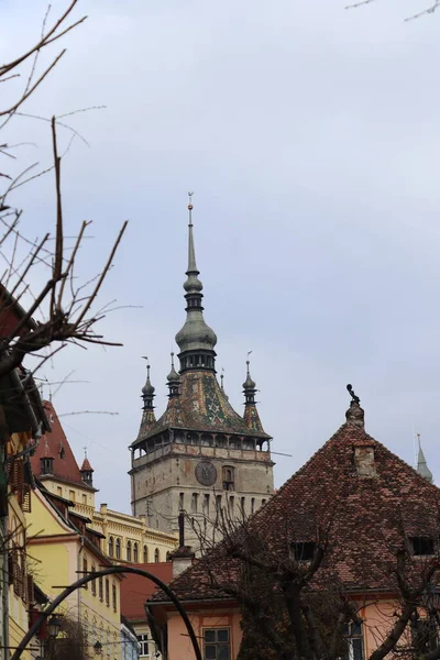 Different Angles Showing Upper Part Clock Tower Sighisoara — Stok fotoğraf