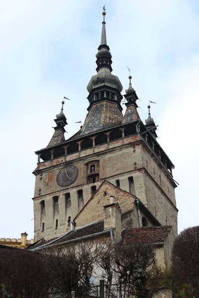 Different Angles Showing Upper Part Clock Tower Sighisoara — Φωτογραφία Αρχείου