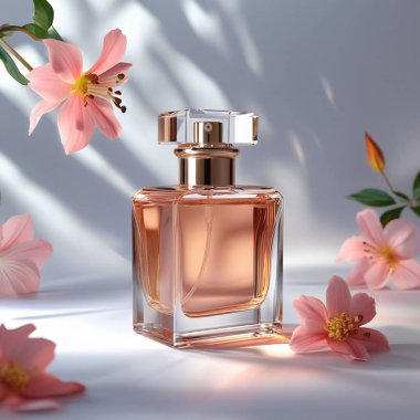 Güzel cam parfüm ve pembe çiçekler, rüya gibi bir sahne..