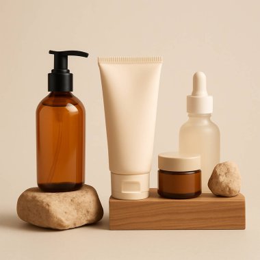 Geometrik kaidede doğal taşlarla çeşitli cilt bakımı ürünleri.