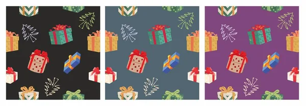 圣诞树和礼品盒病媒无缝图案 传统的寒假漫画质感 装饰性的圣诞节是一个例证 新年背景 节日包装纸 壁纸设计 — 图库矢量图片