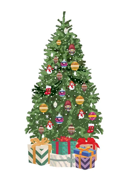 Рождественская Елка Плоская Векторная Иллюстрация Обернутые Подарки Возле Зеленой Ели — стоковый вектор