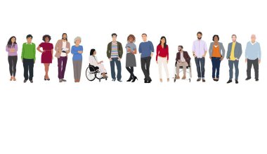 Multinational business team. Vector illustration of diverse cartoon men and women of various ethnicities, ages and body type in office outfits. Set of different business people. Isolated on white.