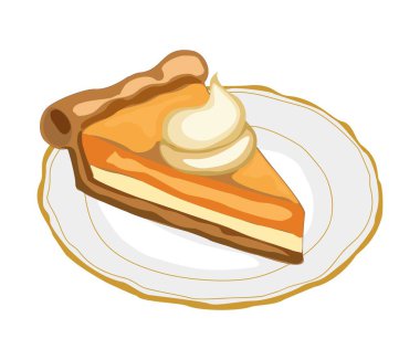 Turta parçası düz vektör çizimi. Beyaz arka planda izole edilmiş krem şanti ile süslenmiş lezzetli bir pasta dilimi. Lezzetli pasta, geleneksel Amerikan peynirli keki. Pişmiş tatlı tasarım elementi