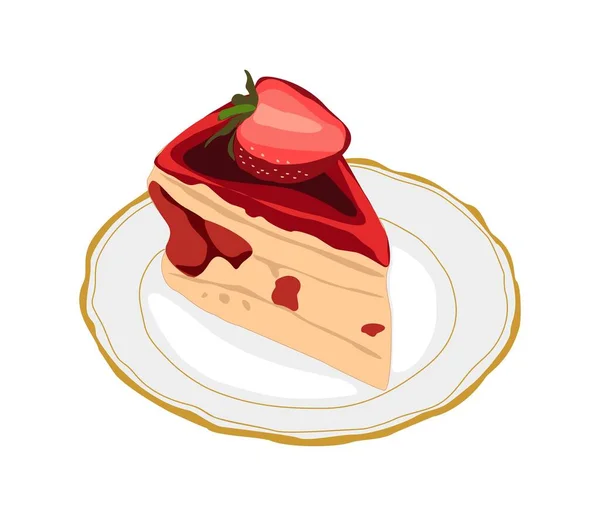 Плоская Векторная Иллюстрация Пирога Вкусный Кусок Торта Тарелке Украшен Клубникой — стоковый вектор