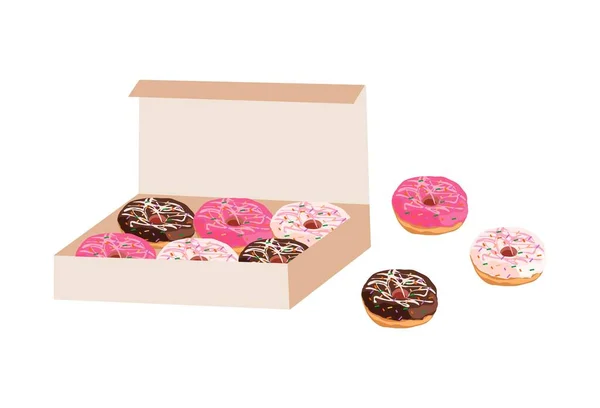 Donutlar Renkli Şeker Çikolata Kremalı Üzeri Karton Kutuda Duran Beyaz — Stok Vektör