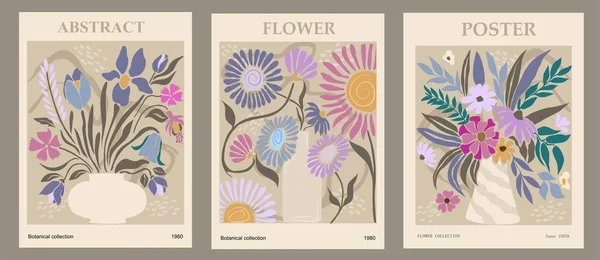 Set Abstrakter Blumen Poster Trendy Botanische Wandkunst Mit Floralem Design — Stockvektor