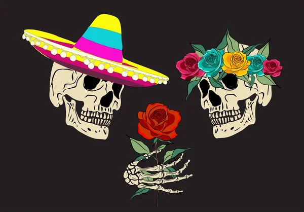 Dia Los Muertos Day Dead Mexican Holiday Festival 卡通人物骷髅 手牵着苏打水和玫瑰 — 图库矢量图片