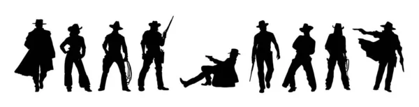 野生の西のシルエットのセット カウボーイ 立って座って ラソと歩いて 銃を撃つ 西洋の伝統的な要素のコレクション ベクトルアートブラックベクトルイラスト白背景に隔離 — ストックベクタ