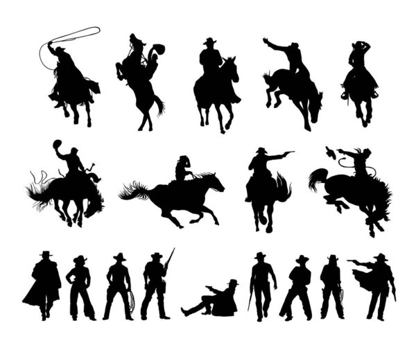 Набор силуэтов Дикого Запада - ковбои стоят, ходят, ездят верхом на лошади, стреляют из пистолета. Западная коллекция традиционных элементов. Черные векторные иллюстрации на белом фоне.