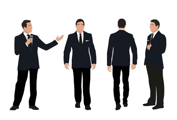Set Businessman Character Different Poses Handsome Man Wearing Formal Black — Stock Vector