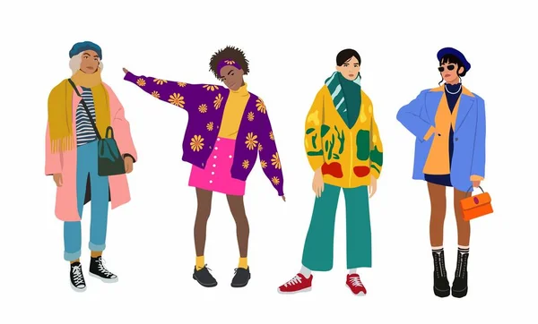 流行の服を着たスタイリッシュな若い女性のコレクション カジュアルなストリートファッションのセット かわいい女の子は異なる人種や国籍 フラット漫画カラフルなベクトル現実的なイラスト — ストックベクタ