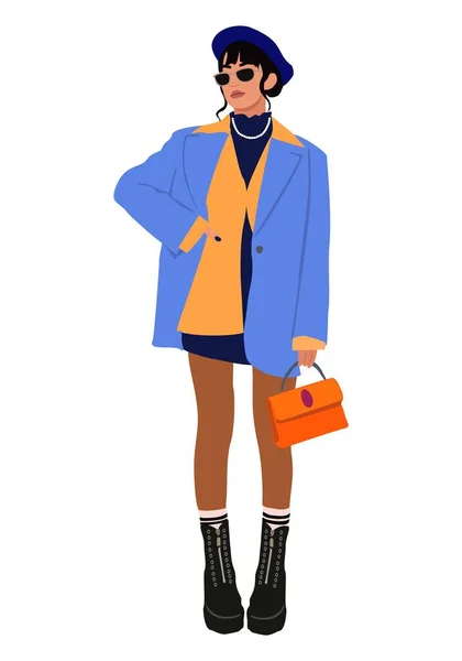 Стильная Молодая Женщина Модной Одежде Казуальная Уличная Мода Осеннего Винтажного — стоковый вектор
