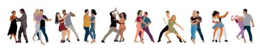 Dans Eden İnsanlar, Dansçı Bachata, Salsa, Lambada, Tango, Latin Dansı. Farklı dans pozları veren birkaç kişi. Beyaz arkaplanda izole edilmiş çizgi film biçimi düz vektör gerçekçi çizimler.