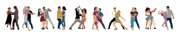 人々を踊る ダンサーバータ サルサ ランバダ タンゴ ラティーナダンス 異なるダンスポーズのカップルのセット 白を基調とした漫画風の平面ベクトル写実的なイラスト — ストックベクタ