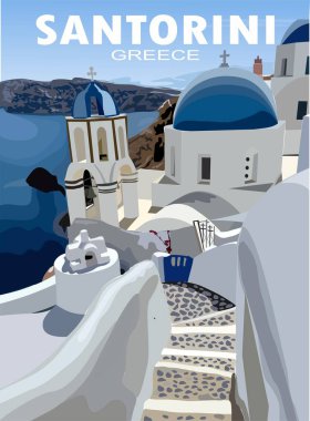 Yunanistan Santorini Seyahat Posteri, mavi çatıları, kilisesi, eski Akdeniz Avrupa kültürü ve mimarisi olan Yunan beyaz binaları. Vektör gerçekçi illüstrasyon.
