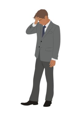 İşadamı ayakta dikiliyor ve başını tutuyor. Üç parçalı takım elbiseli yakışıklı bir adam zor bir sorunu çözüyor. Beyaz arkaplanda izole edilmiş Vektör Gerçekçi illüstrasyon.
