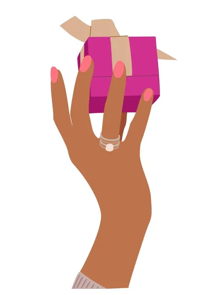 Рука Тримає Різдвяний Подарунок Рожевому Папері Подарункова Коробка Золотим Бантом — стоковий вектор