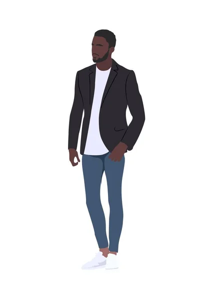 Современный Мужчина Модной Повседневной Одежде Стильный Африканский Американец Осенью Черный — стоковый вектор