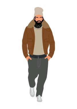 Moda kıyafeti giyen modern bir adam. Sonbaharda ya da kışın şık genç bir adam. Ceket ve şapka. Moda kıyafetleri içinde sakallı bir adam. Çizgi film vektörü gerçekçi illüstrasyon izole edildi.