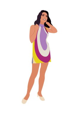 Moda modası geçmiş 70 'lerin şık kıyafetleri içindeki güzel hippi kız. Genç ve güzel bir kadının karikatür portresi, harika bir bebek. El çizimi Vektör çizimi beyaz arkaplanda izole edildi. Tuhaf karakter..