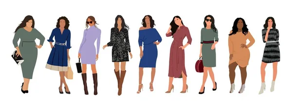 現代女性コレクション スマートカジュアルオフィスの服で多様な多国籍立って漫画の女の子のベクトル現実的なイラスト ドレスやブーツやハイヒールの靴 白地に隔離された — ストックベクタ