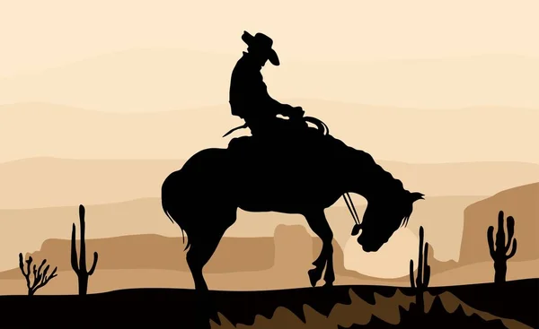 Silhouet Van Cowboy Paardrijden Met Woestijn Zonsondergang Landschap Achtergrond Vector — Stockvector