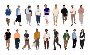 Sokak Moda Adamları 'nın vektör çizimleri. Modern sokak tarzı giyinen genç erkekler ayakta ve yürüyorlar. Çizgi film stili erkek karakterler beyaz arkaplanda izole edilmiş.