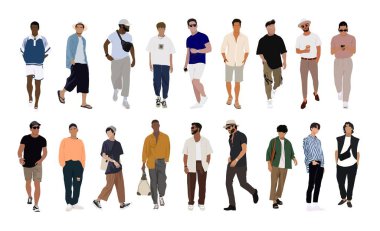 Bundle of Street fashion men vector illustrations. Young men wearing trendy modern street style outfit standing and walking. Cartoon stylish male characters isolated on white background. clipart