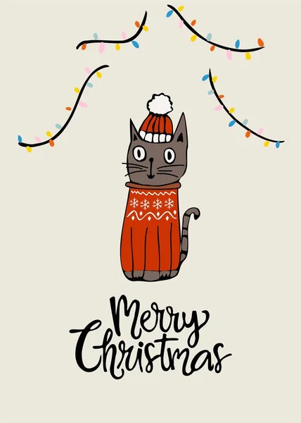 stock vector Greeting Xmas funny card with cute cat wearing Ugly sweater and winter hat. Merry Christmas inscription with hand writing font. Holiday celebration. Hand drawn colorful flat vector illustration. 