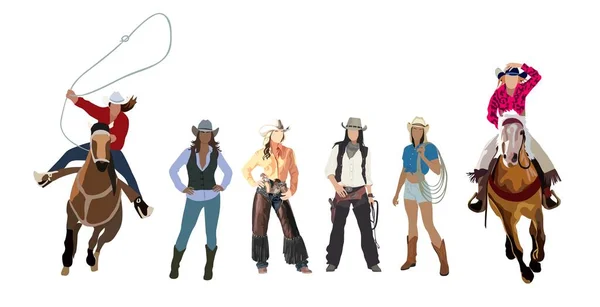 Verschiedene Cowgirls Traditioneller Westernkleidung Mit Cowboyhut Cowboystiefeln Pistolen Und Lasso — Stockvektor