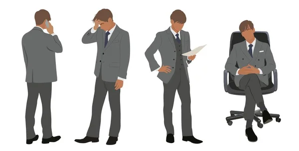 Σύνολο Χαρακτήρα Businessman Διαφορετικές Στάσεις Όμορφος Νέος Επίσημο Κοστούμι Κάθεται — Διανυσματικό Αρχείο