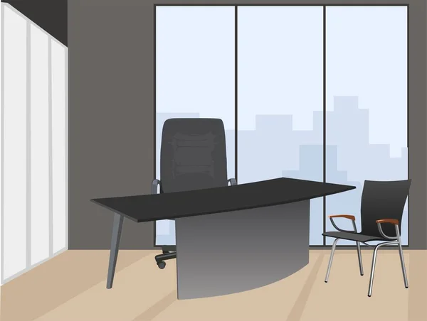 现代舒适的办公室 窗户大 城市风景好 工作场所有桌子 扶手椅 文件柜 趋势矢量真实感说明 — 图库矢量图片