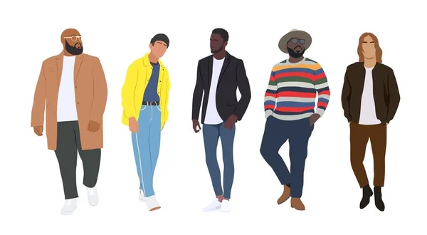 Conjunto Rua Moda Homens Vetor Ilustrações Diferentes Personagens Masculinos Desenhos — Vetor de Stock