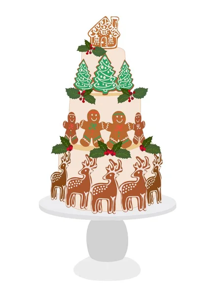 Рождественский Торт Праздничным Оформлением Запечённый Десерт Рождественской Елкой Пряничным Домиком — стоковый вектор