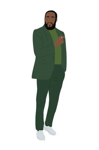 Eleganter Schwarzer Geschäftsmann Formalem Oder Schickem Lässigem Outfit Grünem Anzug — Stockvektor