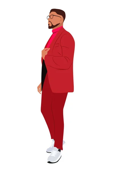 优雅的黑人商人穿着正式或聪明的休闲装 红色西装和运动鞋 非裔美国男性角色站立尺寸的观点 在白色背景上孤立的矢量真实感说明 — 图库矢量图片