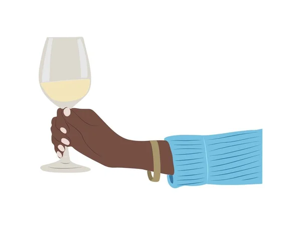 Μαύρο Γυναικείο Χέρι Κρατώντας Ποτήρι Σαμπάνιας Κρασιού Χειροποίητη Διανυσματική Απεικόνιση — Διανυσματικό Αρχείο
