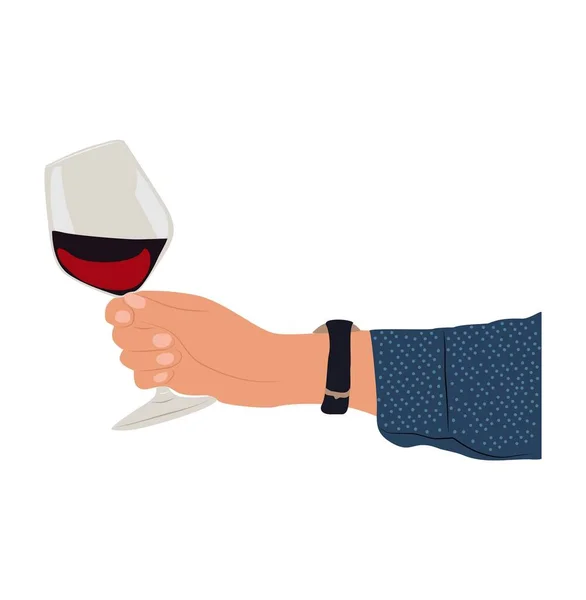 Mannelijke Hand Met Een Glas Rode Wijn Met Hand Getekend — Stockvector