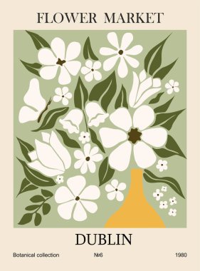 Soyut poster, Dublin Çiçek Pazarı. Danimarka renginde çiçek desenli botanik duvar sanatı. Modern hippi naif moda moda moda iç dekorasyon, resim. Vektör sanatı illüstrasyonu.