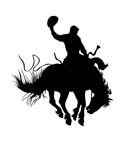 Silueta Vaquero Montando Caballo Salvaje Sosteniendo Sombrero Símbolo Tradicional Texas — Vector de stock